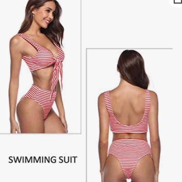 Other - 🌻 5/25 NIP Striped Bikini High Waisted cheeky Red White 2 PieceTie Knot Top- M